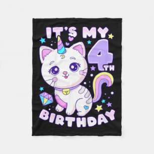 Birthday Girl 4 Years Old, Cat, Unicorn, 4th Birth Fleece Blanket
