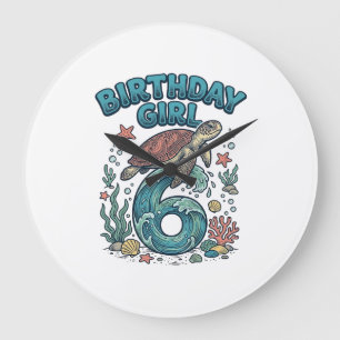 Birthday Girl 6 Sea Turtle Vintage Party Design_1 Large Clock