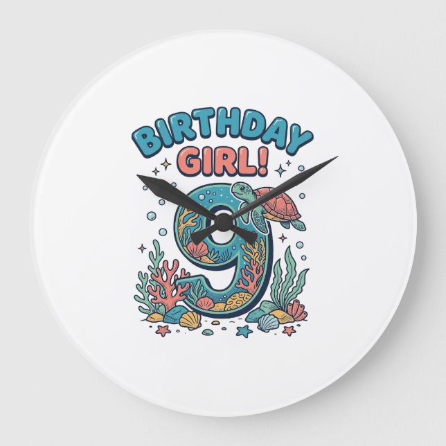 Birthday Girl 9 Ocean Turtle Vector Design_1 Large Clock (Front)