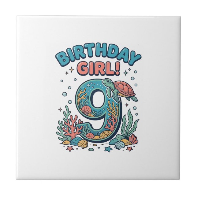 Birthday Girl 9 Ocean Turtle Vector Design_1 Tile (Front)