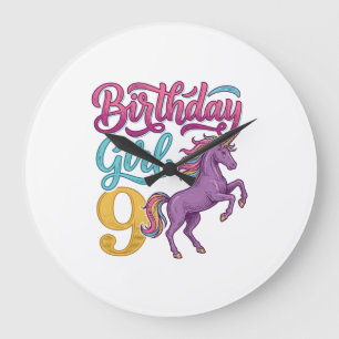 Birthday Girl 9 Unicorn Vintage Engraving Design_1 Large Clock