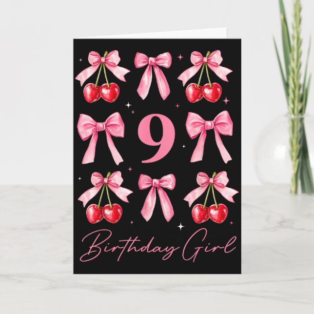 Birthday Girl 9th Birthday Cherry Coquette Bow 9 Y Card (Front)