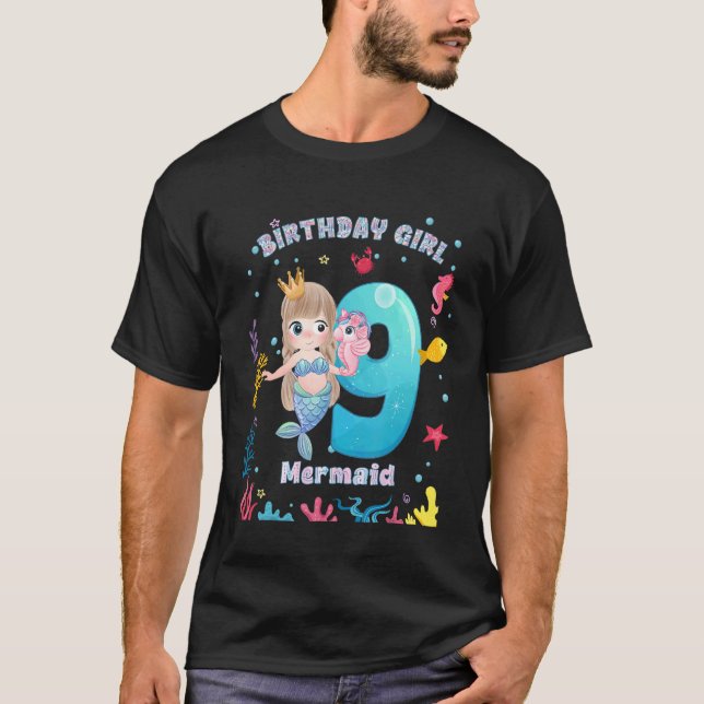 Birthday Girl 9th Birthday Mermaid Girl 9 Years Ol T-Shirt (Front)