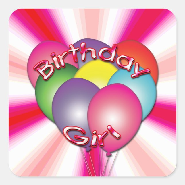 Birthday Girl Balloons Square Stickers (Front)