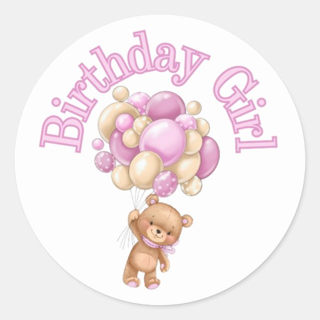 Birthday Girl Bear Baby Shower  Classic Round Sticker (Front)