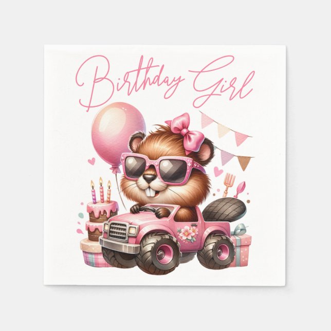 BIRTHDAY GIRL - BEAVER IN A PINK MONSTER TRUCK  NAPKIN (Front)