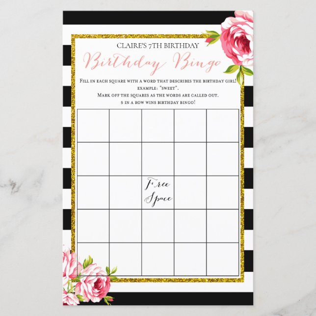 Birthday Girl Bingo Game (Front)