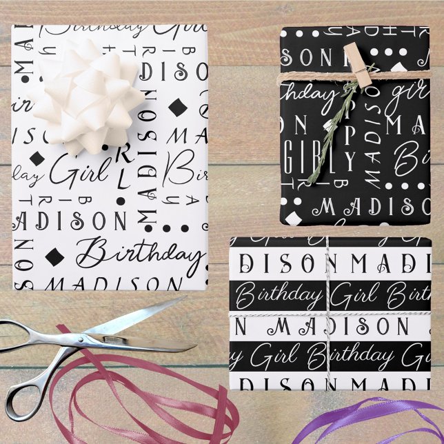 Birthday Girl Black Cute Add A Name Personalised Wrapping Paper Sheet (Add a name - or 3 - to this chic black and white birthday girl wrapping paper assortment)