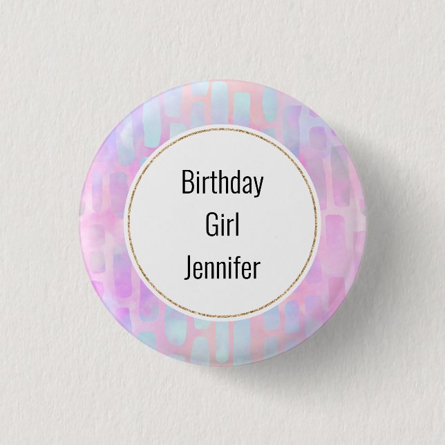 Birthday Girl Blue Rectangle Shapes on Pink 3 Cm Round Badge (Front)