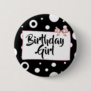 Birthday Girl Button Black, white and pink Bow