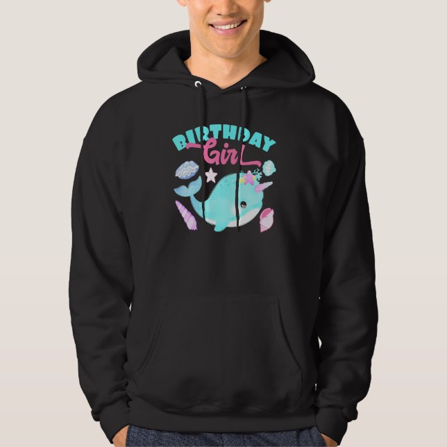 Birthday Girl Cake Candle Narwhale Animals Fish To Hoodie (Front)