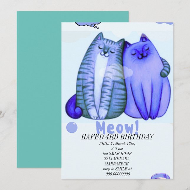 birthday girl cat girls cats kitten cute invitatio invitation (Front/Back)