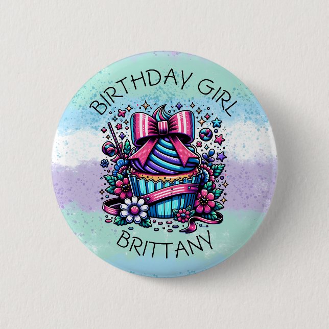 Birthday Girl Cupcake Whimsical Personalised 6 Cm Round Badge (Front)