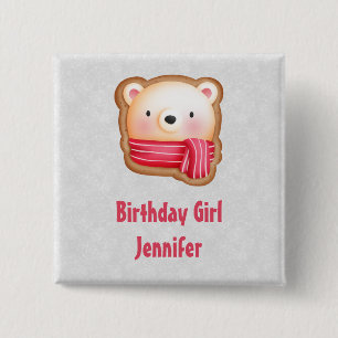 Birthday Girl Cute Bear Face in a Red Scarf 15 Cm Square Badge