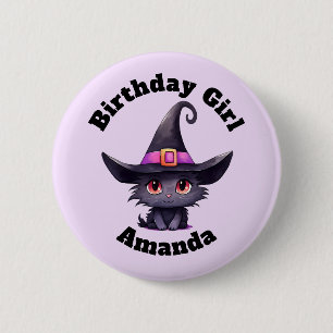 Birthday Girl Cute Black Cat Wearing a Witch's Hat 6 Cm Round Badge