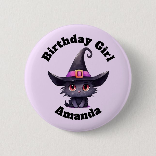 Birthday Girl Cute Black Cat Wearing a Witch's Hat 6 Cm Round Badge (Front)