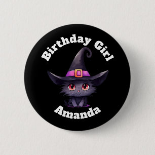 Birthday Girl Cute Black Cat Wearing a Witch's Hat 6 Cm Round Badge