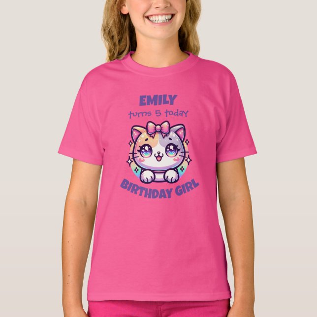 Birthday Girl  Cute Cat Tee - Custom Name & Age (Front)