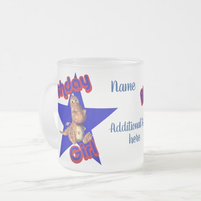 Birthday Girl Cute Dinosaur Personalised Frosted Glass Coffee Mug (Front Left)