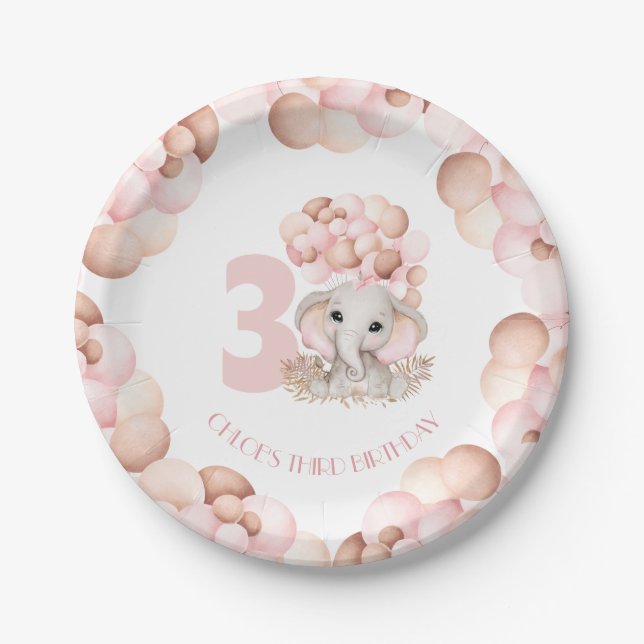 Birthday Girl Cute Elephant Pink Balloons Paper Plate (Front)