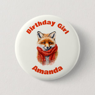 Birthday Girl Cute Fox in a Red Scarf Autumn Image 6 Cm Round Badge
