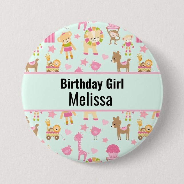 Birthday Girl Cute Pattern with Animals & Toys 7.5 Cm Round Badge (Front)
