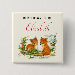 Birthday Girl Cute Vintage Foxes Winter Scene 15 Cm Square Badge