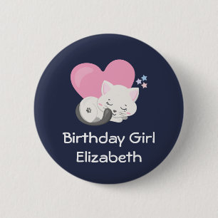 Birthday Girl Cute White Kitty Cat Sleeping 6 Cm Round Badge