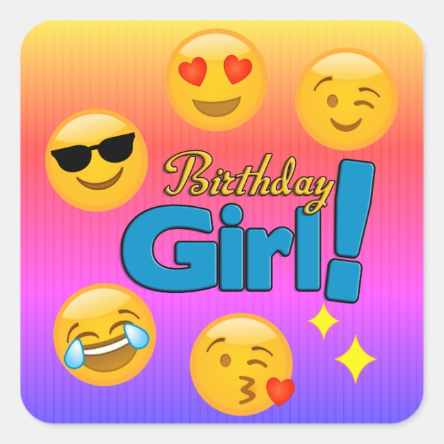 Birthday Girl Emoji Ombre Stripes Square Sticker (Front)