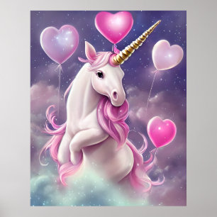 Birthday Girl Fantasy Unicorn with Pink Balloons Poster