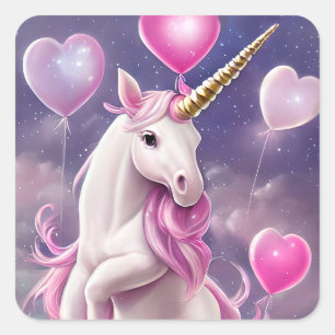 Birthday Girl Fantasy Unicorn with Pink Balloons  Square Sticker