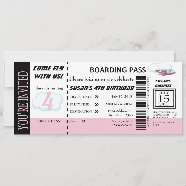 Birthday Girl Flight Ticket Invite Customisable (Front)