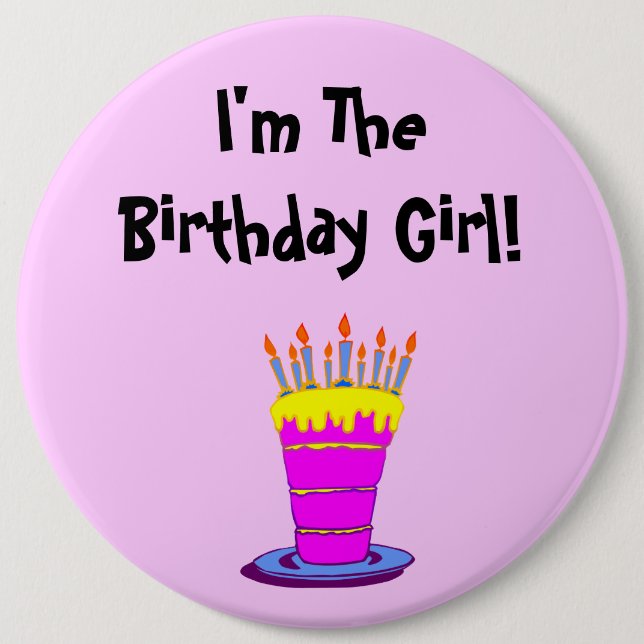 Birthday Girl Giant Pink Cake Button (Front)