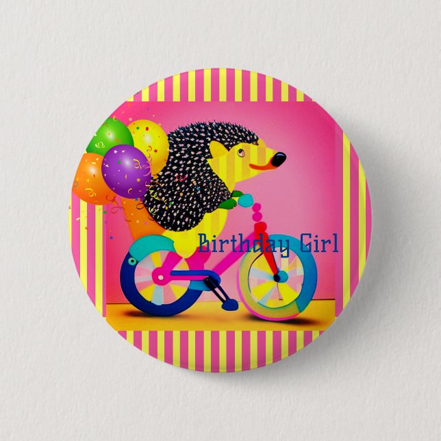 Birthday Girl Hedgehog Riding Bicycle Balloons   6 Cm Round Badge (Front)