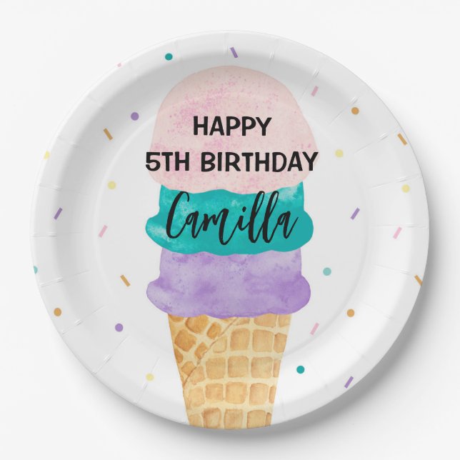 Birthday Girl Ice Cream Cone Party  Paper Plate (Front)