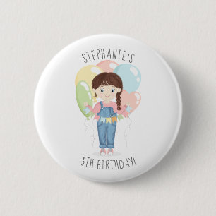 Birthday Girl in Overalls Brunette 6 Cm Round Badge