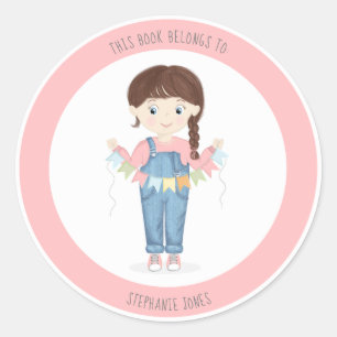 Birthday Girl in Overalls Brunette Classic Round Sticker