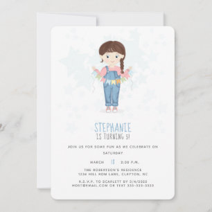 Birthday Girl in Overalls Brunette Invitation