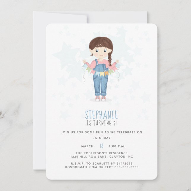 Birthday Girl in Overalls Brunette Invitation (Front)