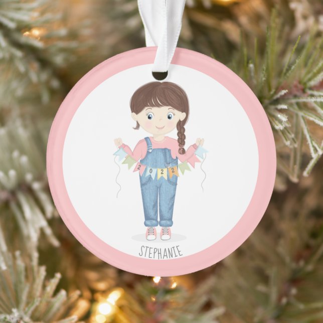 Birthday Girl in Overalls Brunette Ornament (Tree)