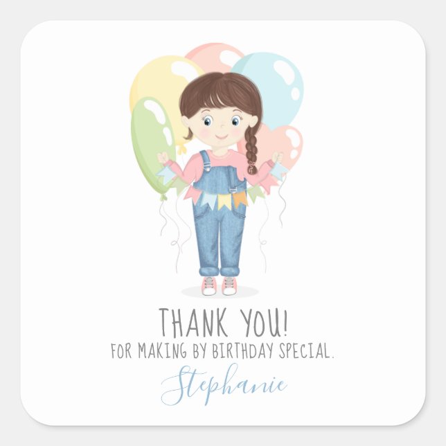 Birthday Girl in Overalls Brunette Square Sticker (Front)