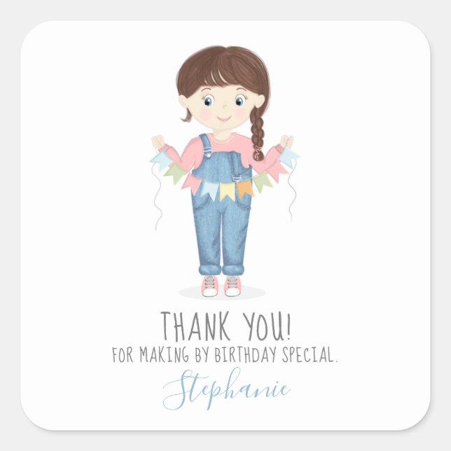 Birthday Girl in Overalls Brunette Square Sticker (Front)