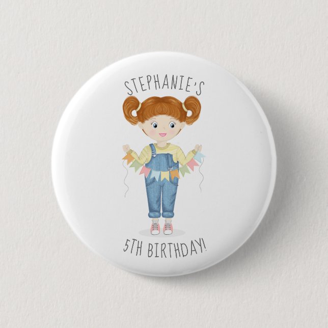 Birthday Girl in Overalls Redhead  6 Cm Round Badge (Front)