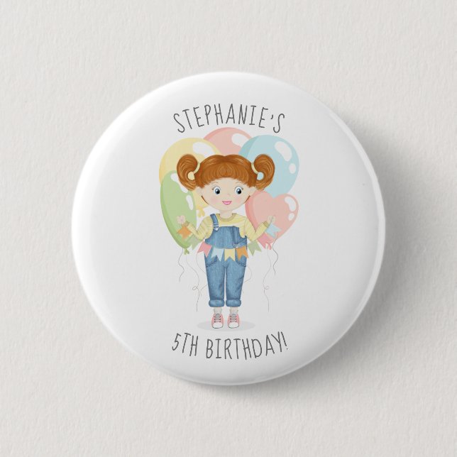 Birthday Girl in Overalls Redhead  Button (Front)
