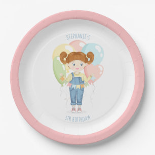 Birthday Girl in Overalls Redhead Paper Plate