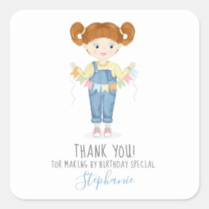 Birthday Girl in Overalls Redhead  Square Sticker