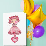 Birthday Girl in Pigtails Lolita dress pink bubble Card<br><div class="desc">The front of the card features a cute, chiby style image of a little girl in pigtails wearing a Lolita style pink lace dress with red bows in her hair. She is standing on a pink heart that says "happy birthday" and blowing a pink bubblegum bubble. The birthday wishes inside...</div>