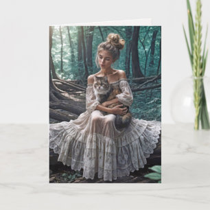 Birthday Girl In Woods With a Cat Card