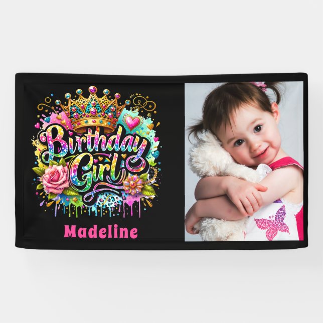 Birthday Girl Kids Pink Teal Graffiti Photo  Banner (Horizontal)