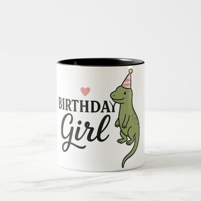 Birthday Girl Lizard – Cute & Fun Party Design Two-Tone Coffee Mug (Center)